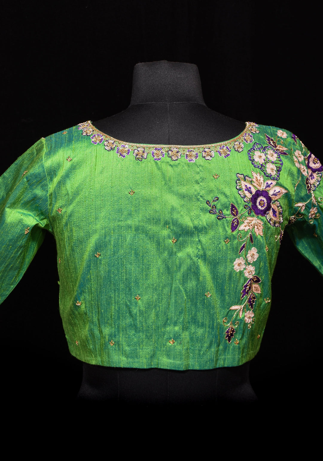 Made to Order: Sea green pure Raw silk blouse with meenakari floral handwork embellishments