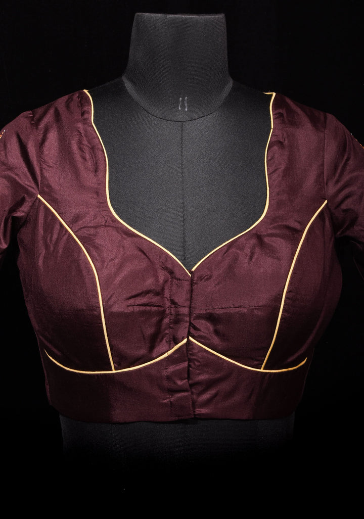 Brown Pure Silk Blouse with 3D Tanjore Art Damansk Motif on Sleeves and Arch Cutout back, Color Customization available, made to order