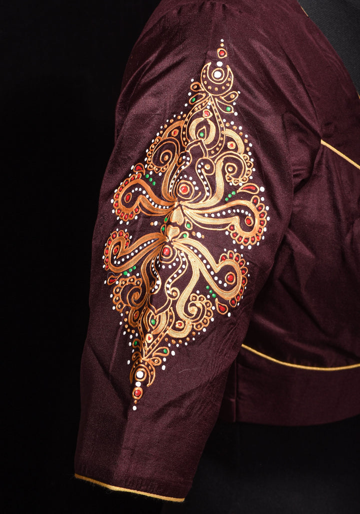 Brown Pure Silk Blouse with 3D Tanjore Art Damansk Motif on Sleeves and Arch Cutout back, Color Customization available, made to order