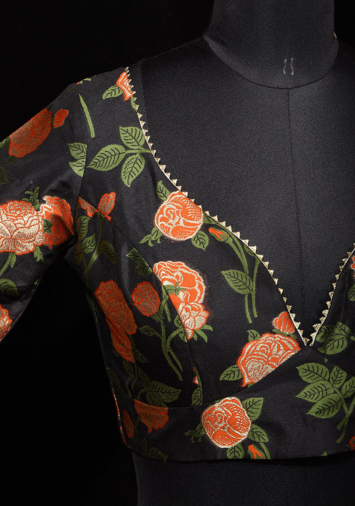 Black Banarasi Meenakari Plunge Neck Blouse with Gotta Detailing, customizable, made-to-order