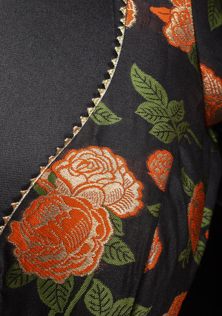 Black Banarasi Meenakari Plunge Neck Blouse with Gotta Detailing, customizable, made-to-order