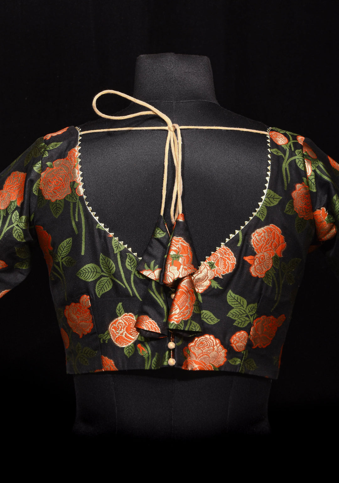Black Banarasi Meenakari Plunge Neck Blouse with Gotta Detailing, customizable, made-to-order