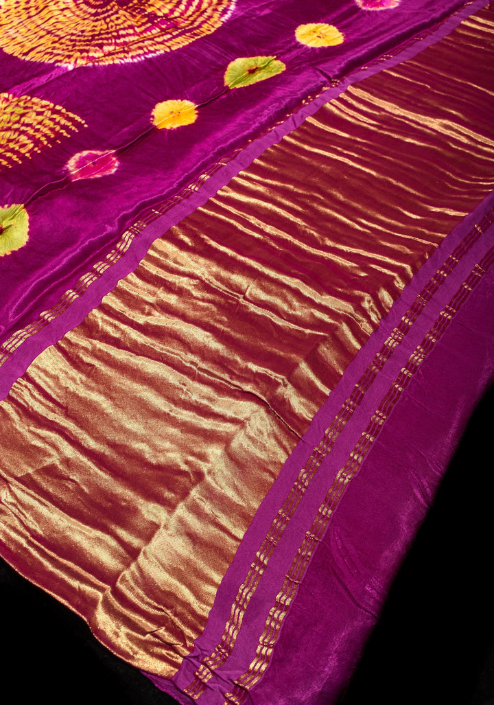 Purple Hand Shibori mandala Dye and bandhej design on Modal Silk Saree with crushed Pallu
