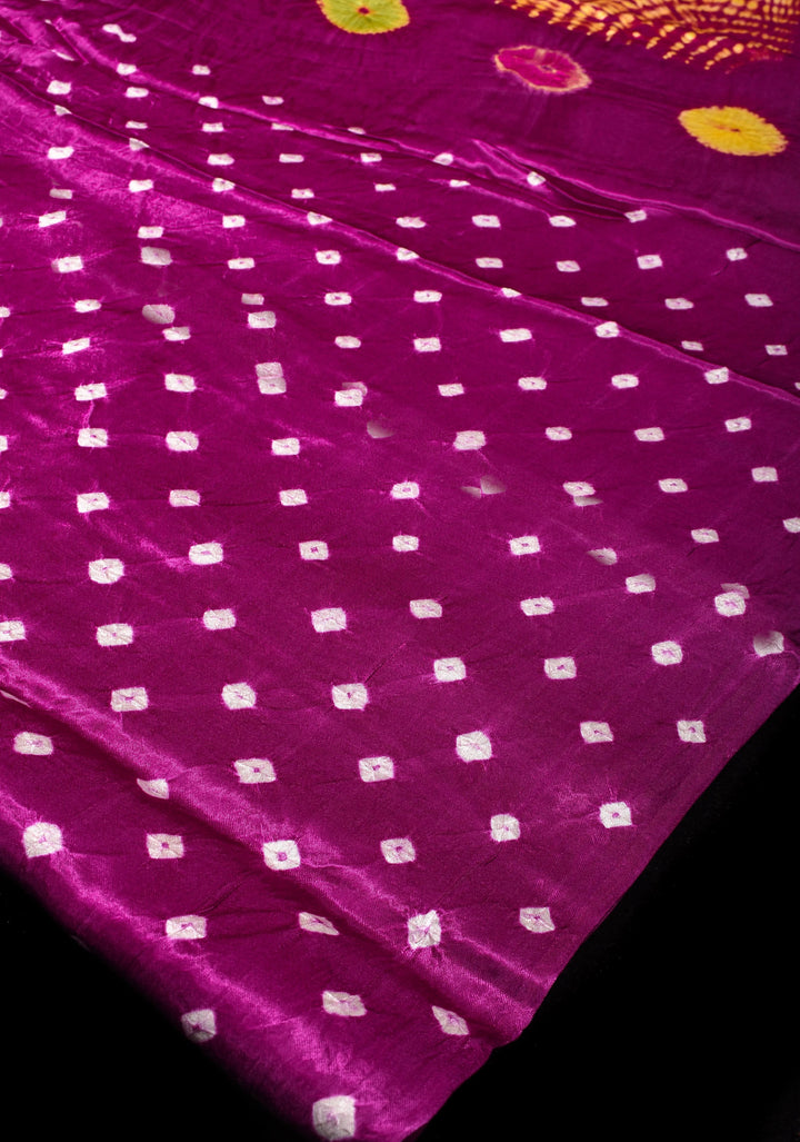 Purple Hand Shibori mandala Dye and bandhej design on Modal Silk Saree with crushed Pallu