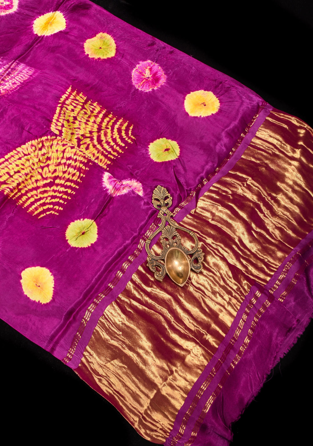Purple Hand Shibori mandala Dye and bandhej design on Modal Silk Saree with crushed Pallu