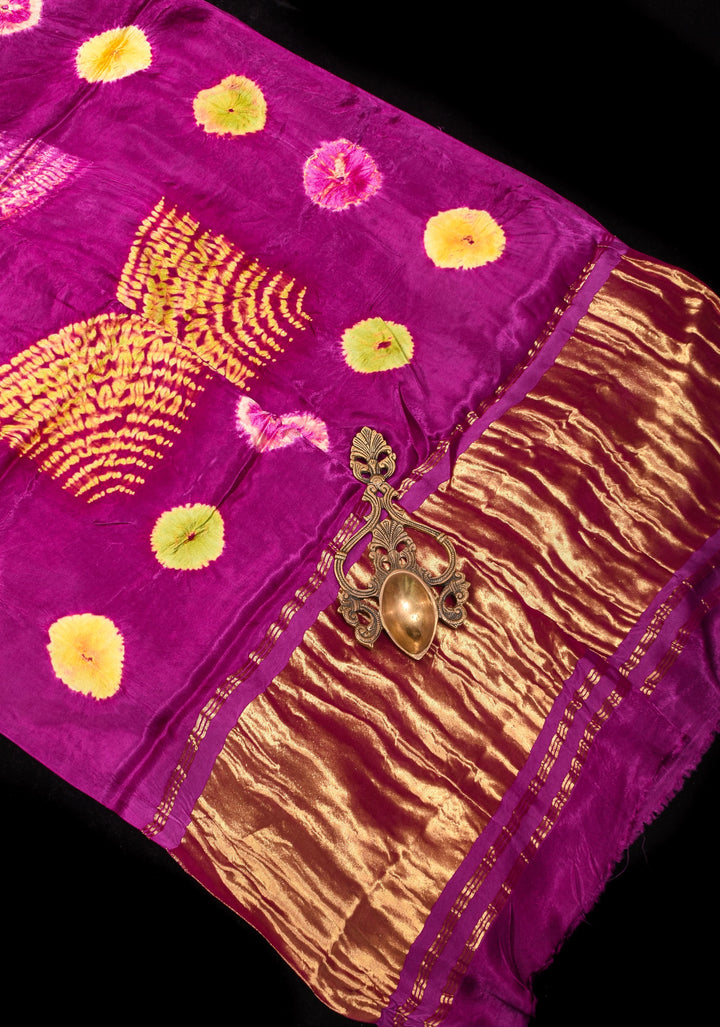Purple Hand Shibori mandala Dye and bandhej design on Modal Silk Saree with crushed Pallu