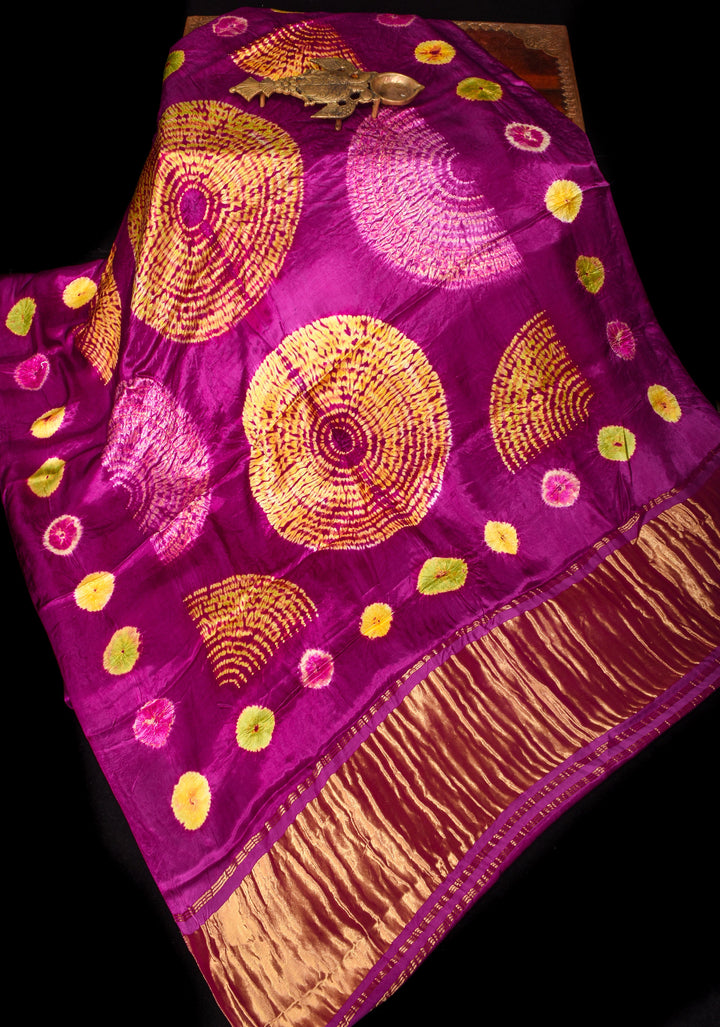 Purple Hand Shibori mandala Dye and bandhej design on Modal Silk Saree with crushed Pallu
