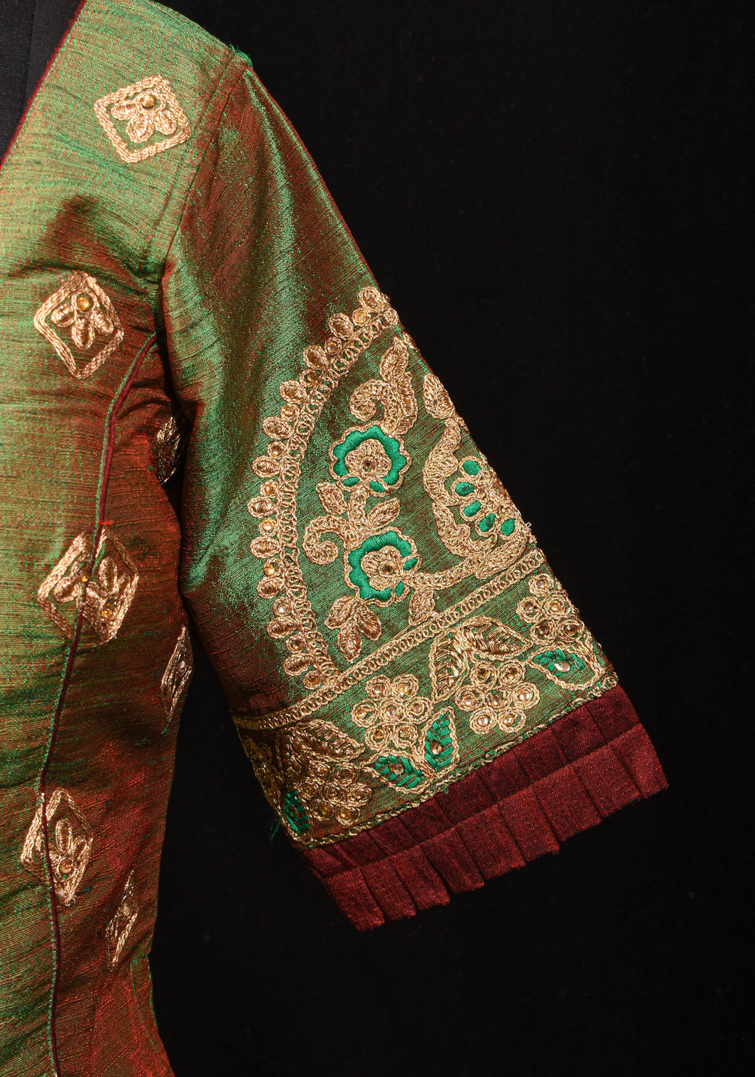 Readymade: Henna Green Semi Raw Silk Medium Length Jacket Blouse with Machine embroidery