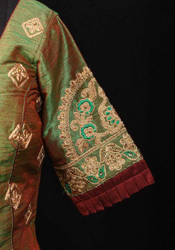 Readymade: Henna Green Semi Raw Silk Medium Length Jacket Blouse with Machine embroidery