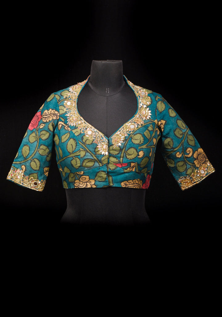 Teal Floral Authentic Pen Kalamkari Blouse with extensive Cutdana and Mirror work detailing, Customizable, Made To Order