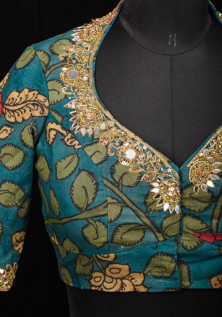 Teal Floral Authentic Pen Kalamkari Blouse with extensive Cutdana and Mirror work detailing, Customizable, Made To Order