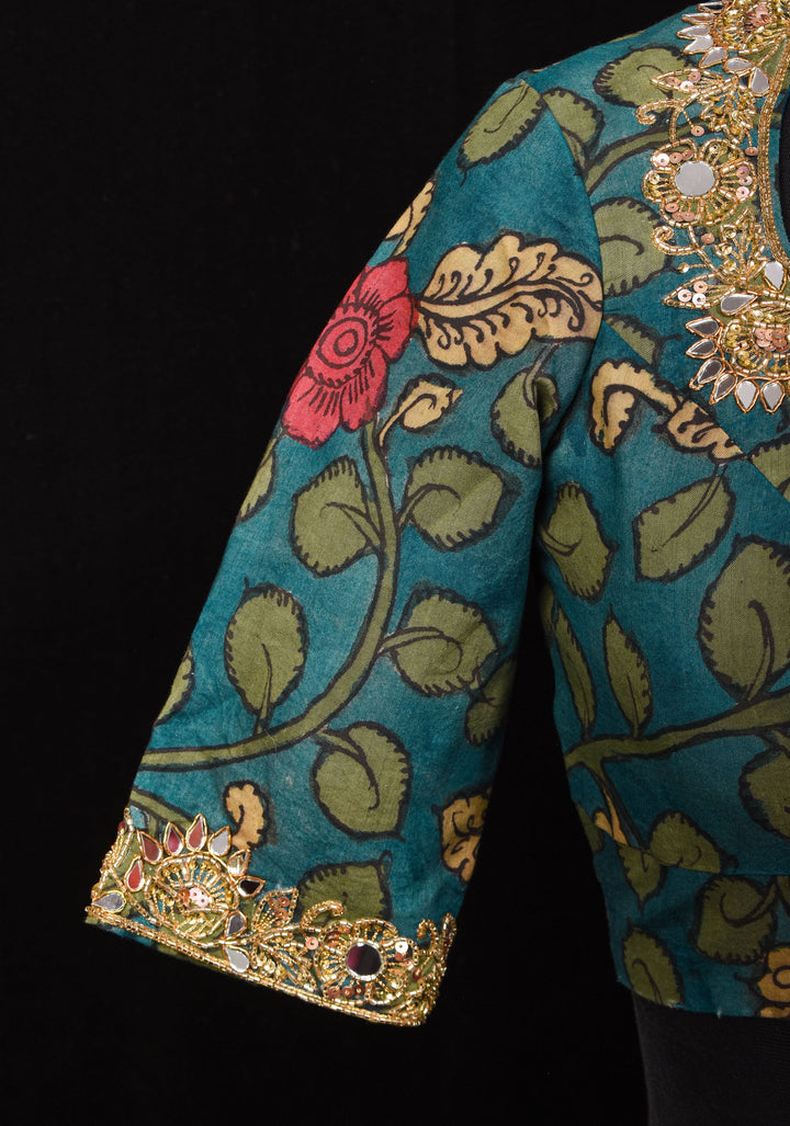 Teal Floral Authentic Pen Kalamkari Blouse with extensive Cutdana and Mirror work detailing, Customizable, Made To Order