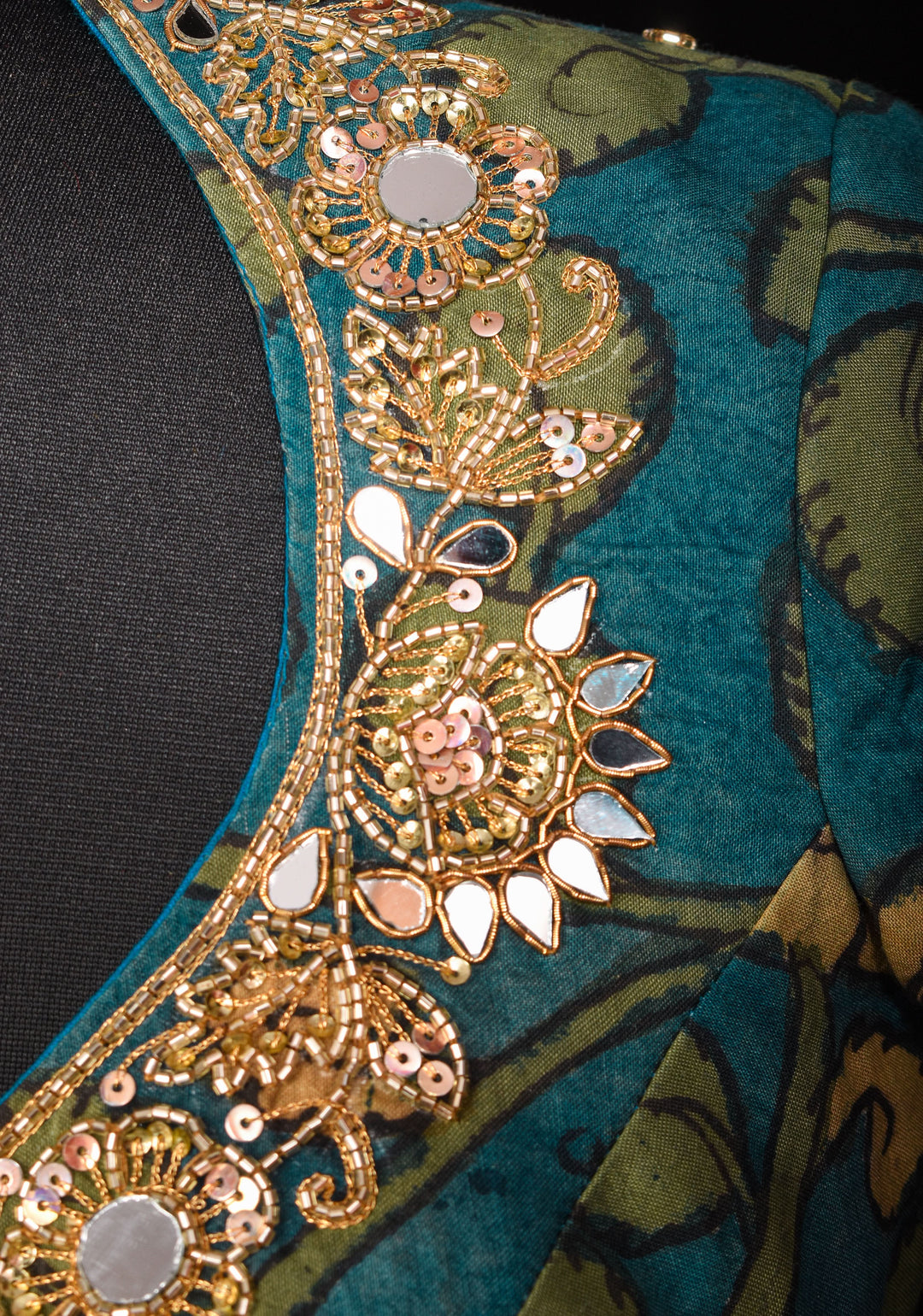Teal Floral Authentic Pen Kalamkari Blouse with extensive Cutdana and Mirror work detailing, Customizable, Made To Order
