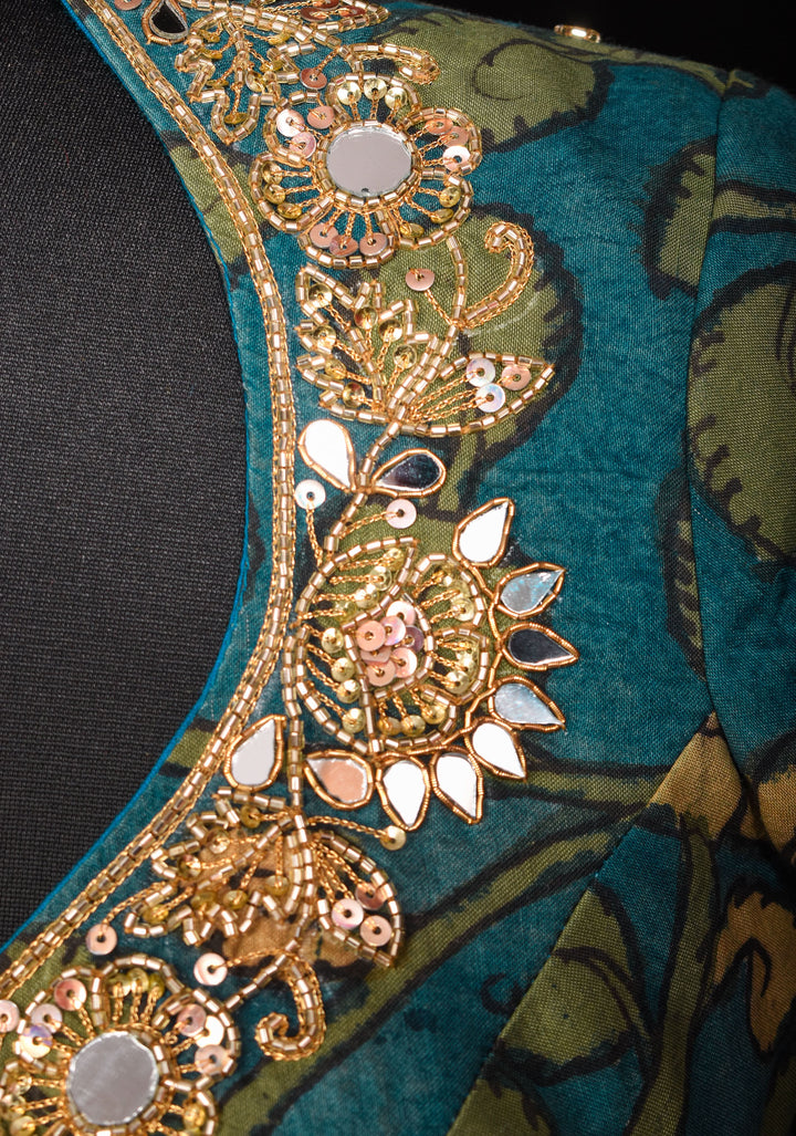 Teal Floral Authentic Pen Kalamkari Blouse with extensive Cutdana and Mirror work detailing, Customizable, Made To Order