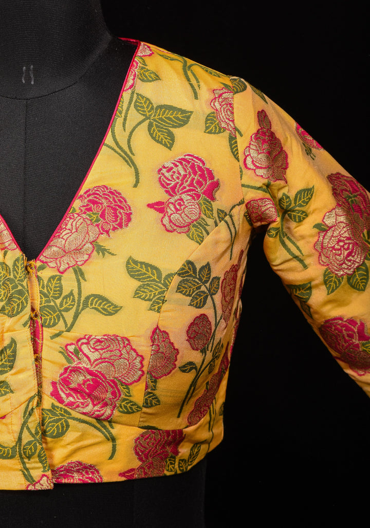 Light Yellow Banarasi Meenakari Blouse with V neck and Florals, Customizable, Made To Order