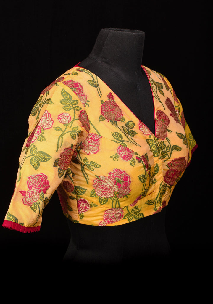 Light Yellow Banarasi Meenakari Blouse with V neck and Florals, Customizable, Made To Order