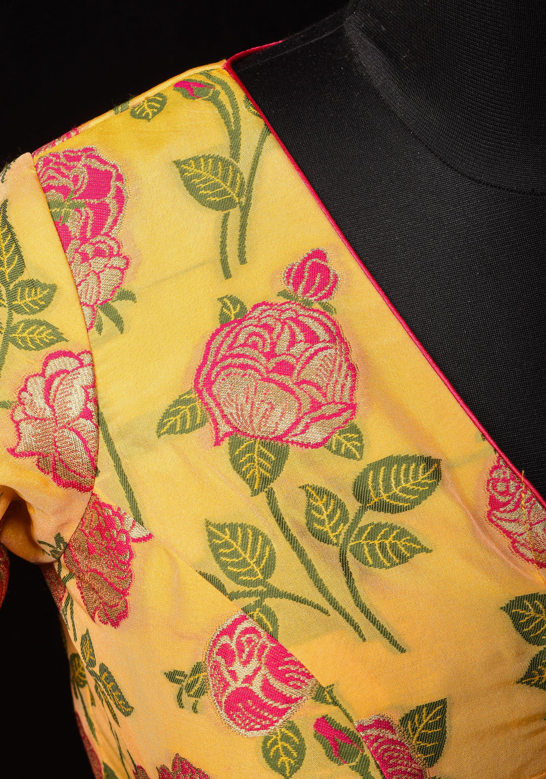 Light Yellow Banarasi Meenakari Blouse with V neck and Florals, Customizable, Made To Order