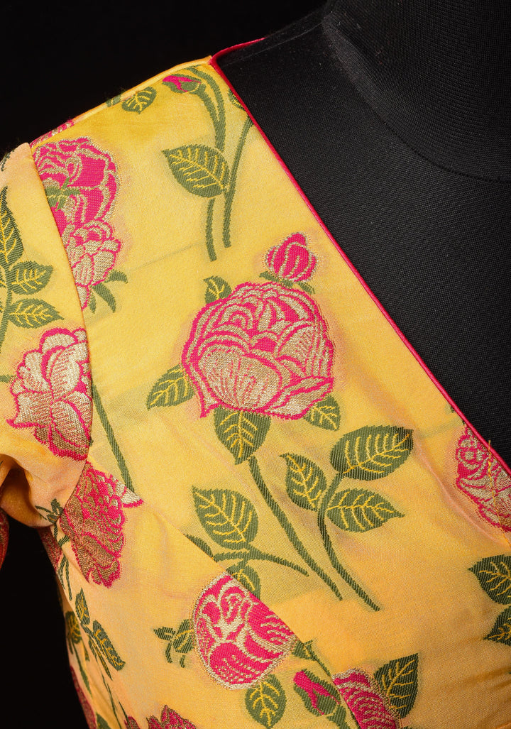 Light Yellow Banarasi Meenakari Blouse with V neck and Florals, Customizable, Made To Order