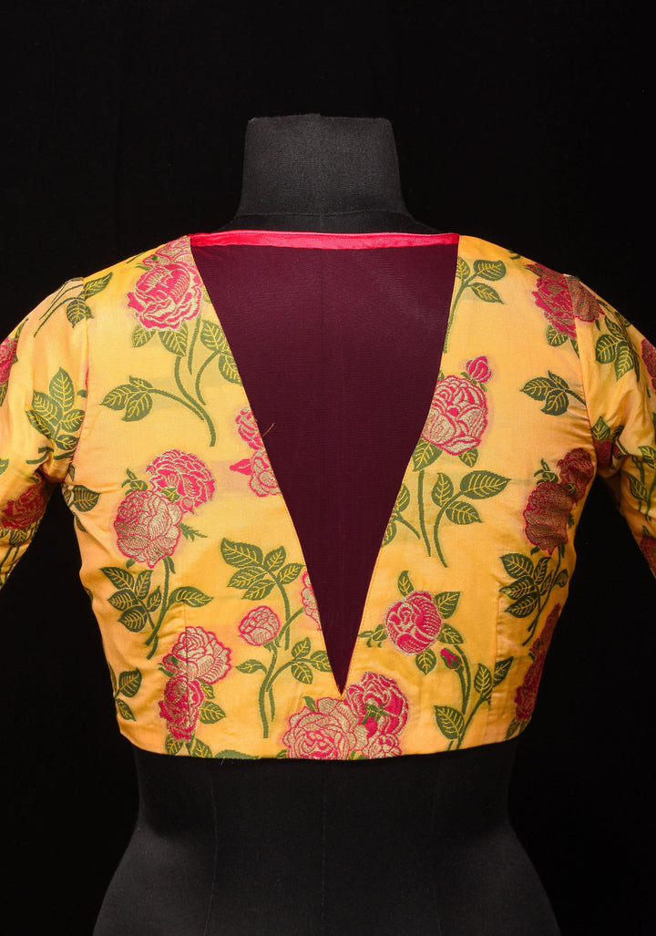 Light Yellow Banarasi Meenakari Blouse with V neck and Florals, Customizable, Made To Order