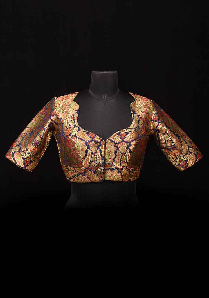 Khimkhwab Meenakari Brocade Blouse in Navy Blue Base and Arch Neck, customizable, made-to-order