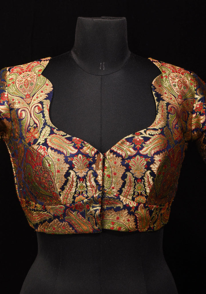 Khimkhwab Meenakari Brocade Blouse in Navy Blue Base and Arch Neck, customizable, made-to-order
