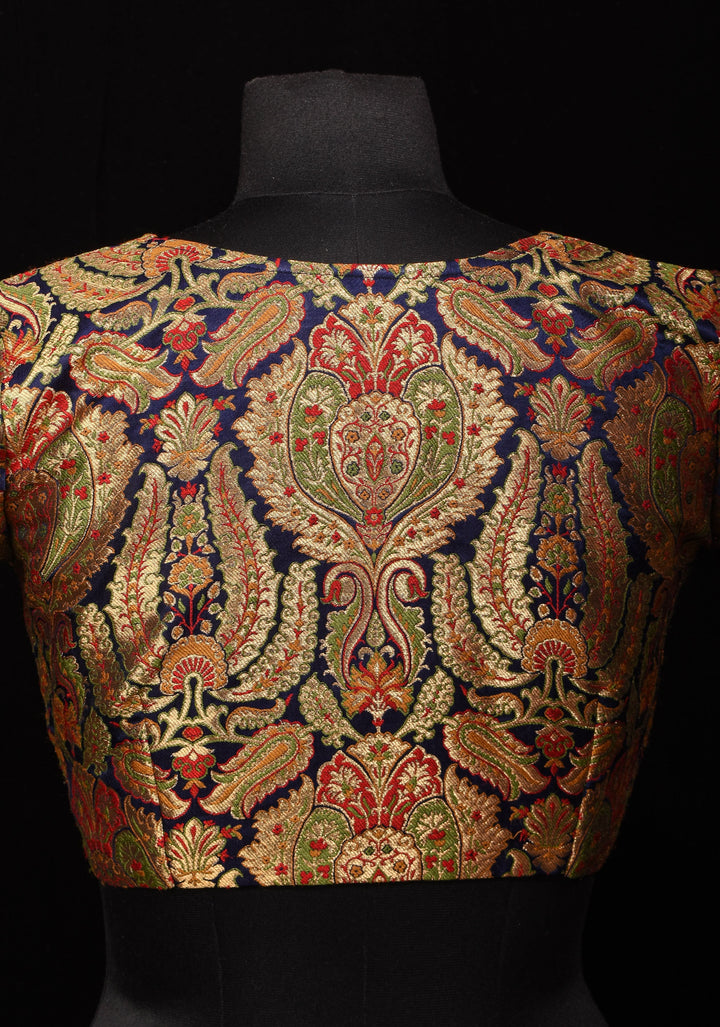 Khimkhwab Meenakari Brocade Blouse in Navy Blue Base and Arch Neck, customizable, made-to-order