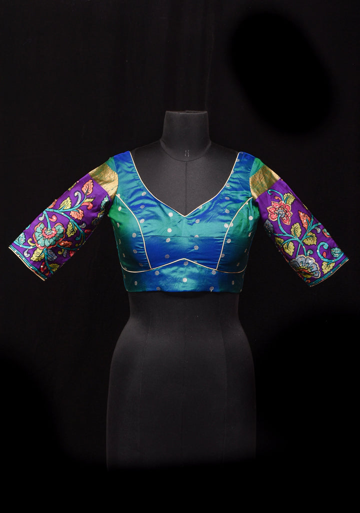 Made To Order: Peacock Green and Blue Dual tone Silk blouse with Kalamkari Sleeve and Leaf Neck