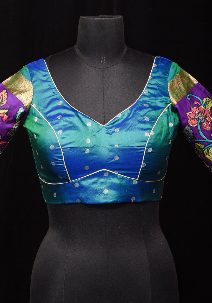 Made To Order: Peacock Green and Blue Dual tone Silk blouse with Kalamkari Sleeve and Leaf Neck