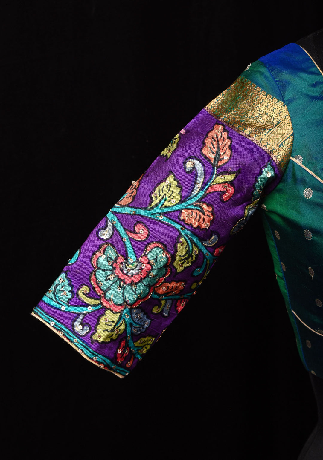 Made To Order: Peacock Green and Blue Dual tone Silk blouse with Kalamkari Sleeve and Leaf Neck