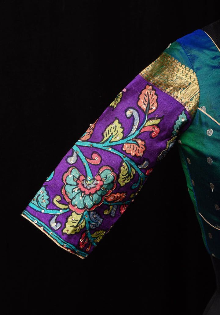 Made To Order: Peacock Green and Blue Dual tone Silk blouse with Kalamkari Sleeve and Leaf Neck