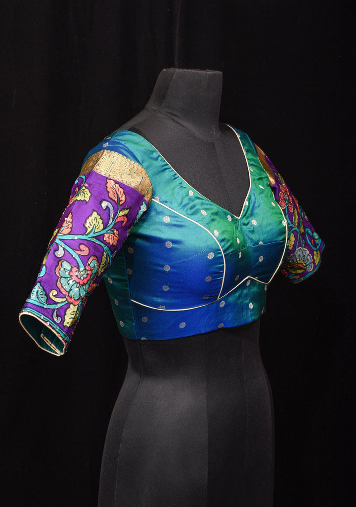 Made To Order: Peacock Green and Blue Dual tone Silk blouse with Kalamkari Sleeve and Leaf Neck