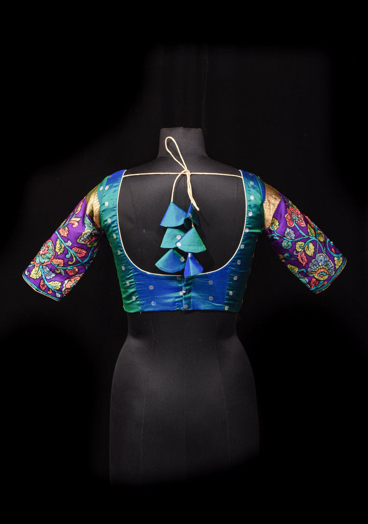 Made To Order: Peacock Green and Blue Dual tone Silk blouse with Kalamkari Sleeve and Leaf Neck