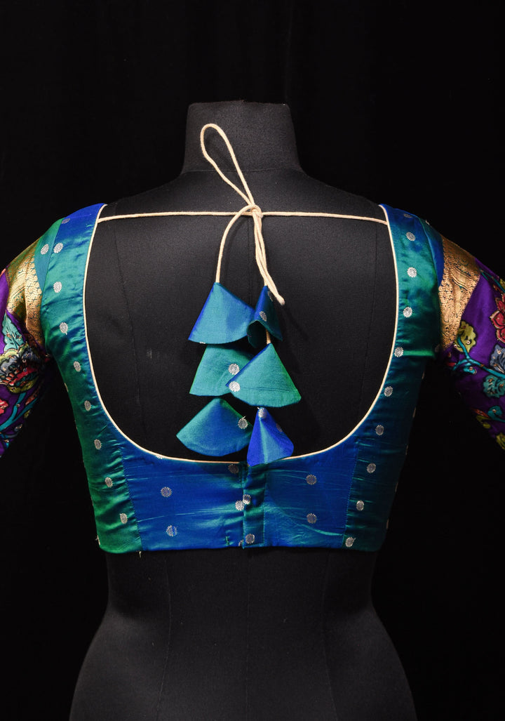 Made To Order: Peacock Green and Blue Dual tone Silk blouse with Kalamkari Sleeve and Leaf Neck