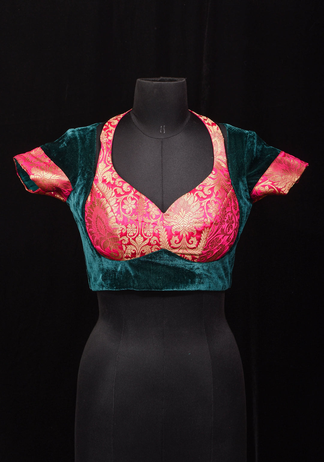 Green Pink Halter and Bustier Layered Look Blouse in Velvet and Banarasi Brocade, Customizable, Made to Order