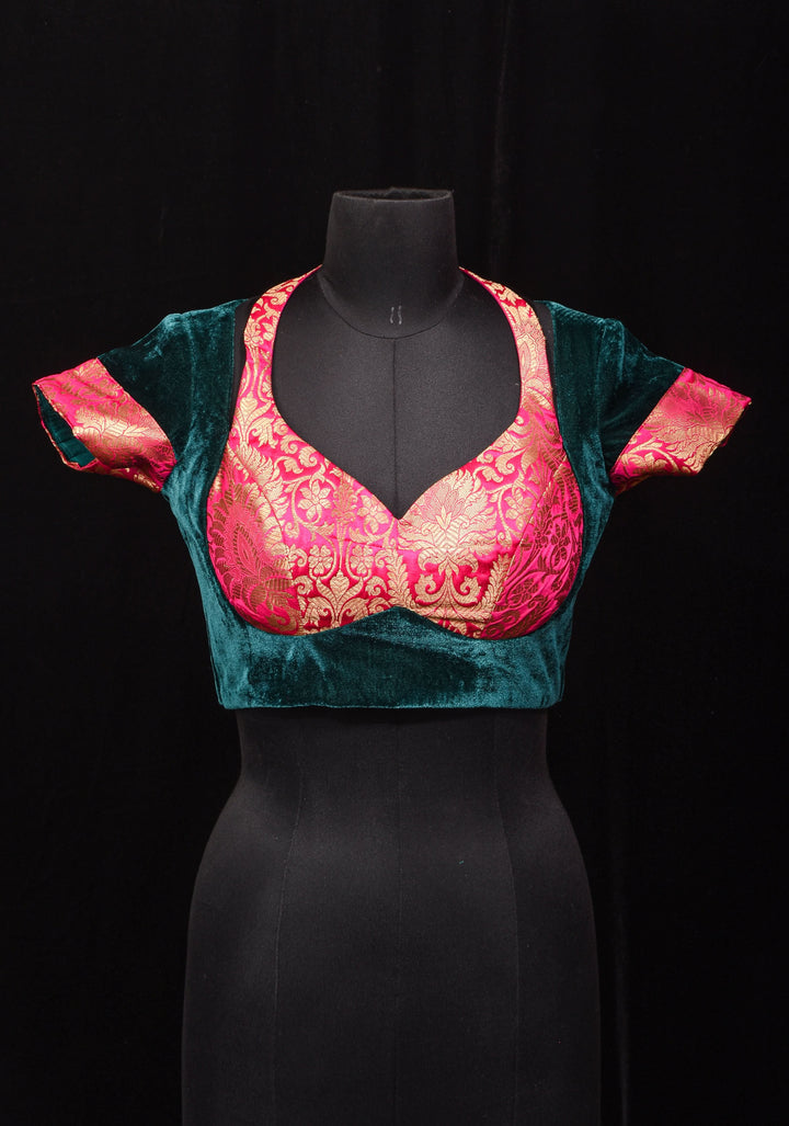 Green Pink Halter and Bustier Layered Look Blouse in Velvet and Banarasi Brocade, Customizable, Made to Order