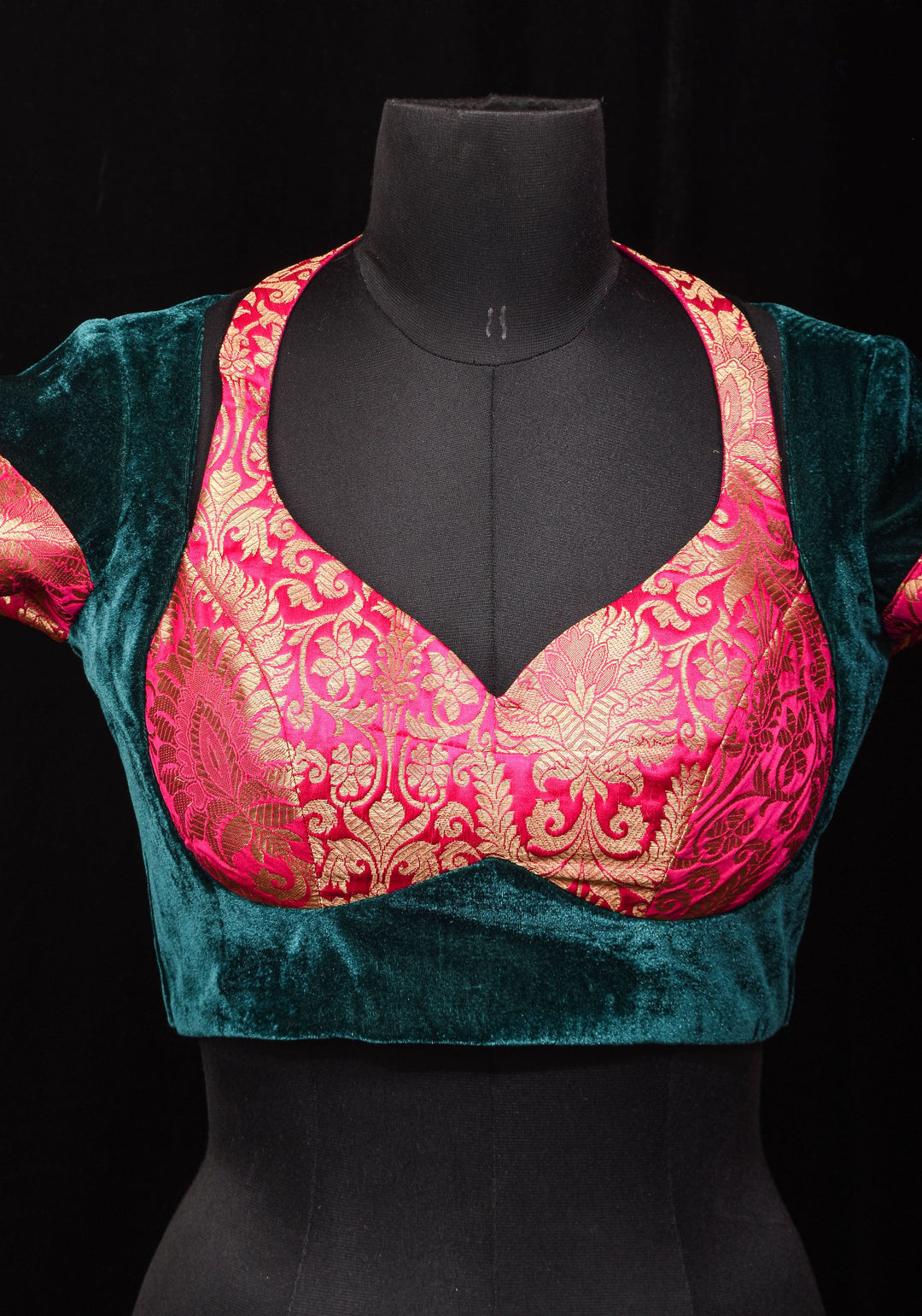 Green Pink Halter and Bustier Layered Look Blouse in Velvet and Banarasi Brocade, Customizable, Made to Order