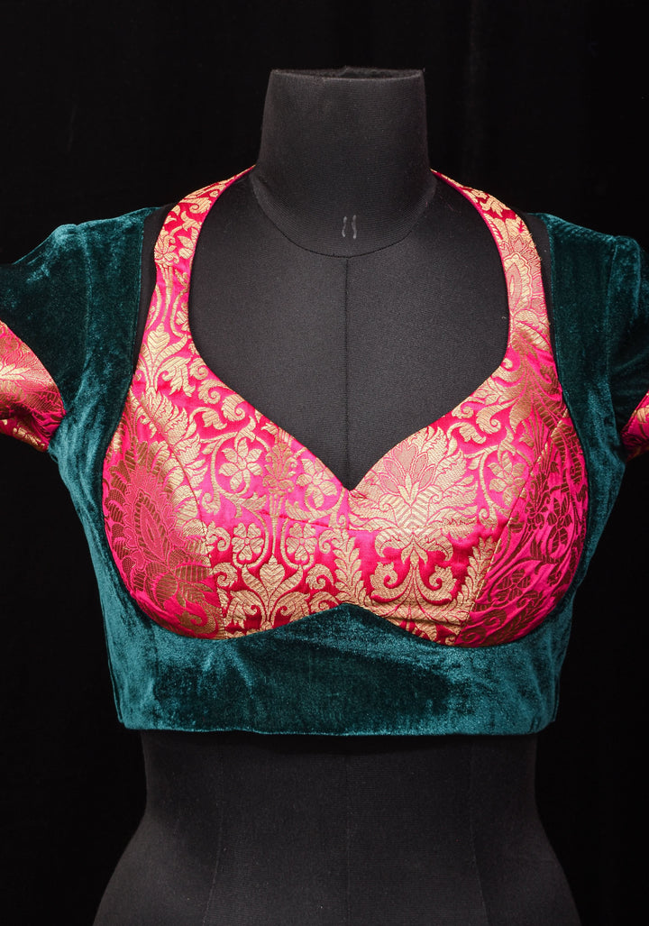 Green Pink Halter and Bustier Layered Look Blouse in Velvet and Banarasi Brocade, Customizable, Made to Order
