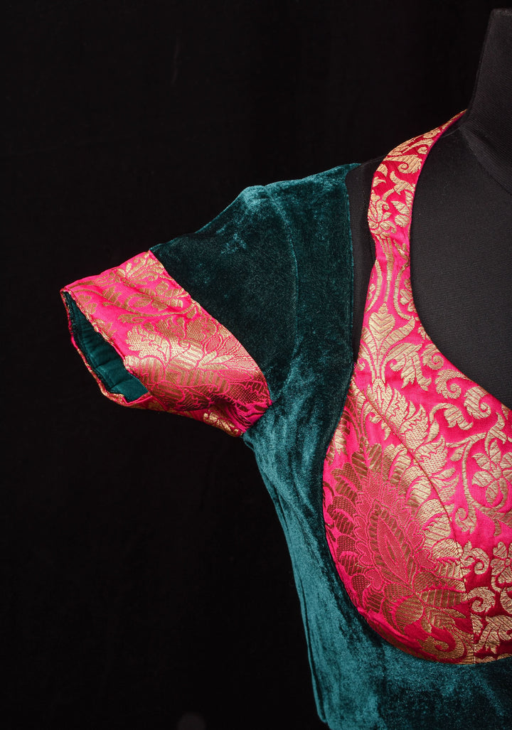 Green Pink Halter and Bustier Layered Look Blouse in Velvet and Banarasi Brocade, Customizable, Made to Order