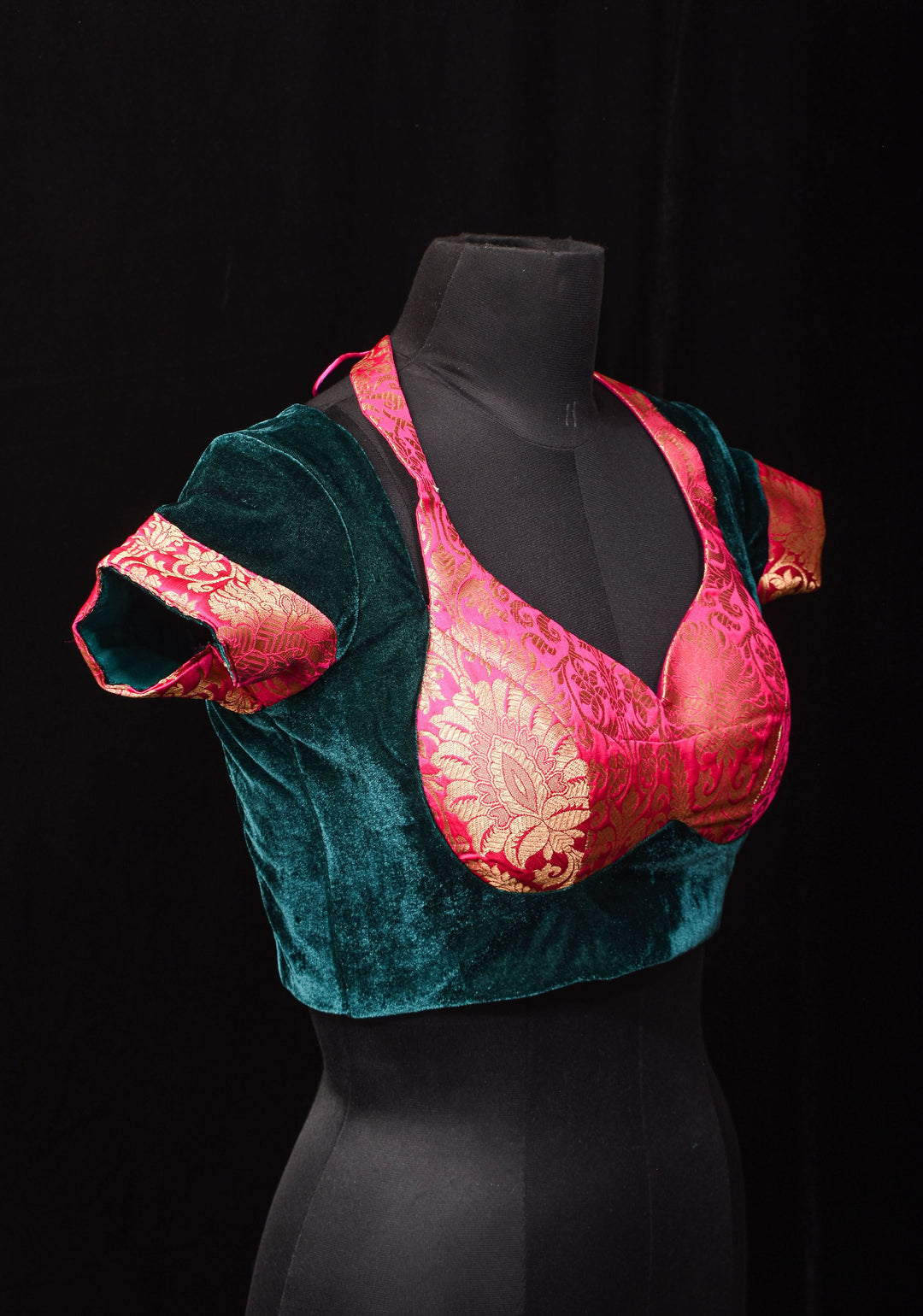 Green Pink Halter and Bustier Layered Look Blouse in Velvet and Banarasi Brocade, Customizable, Made to Order
