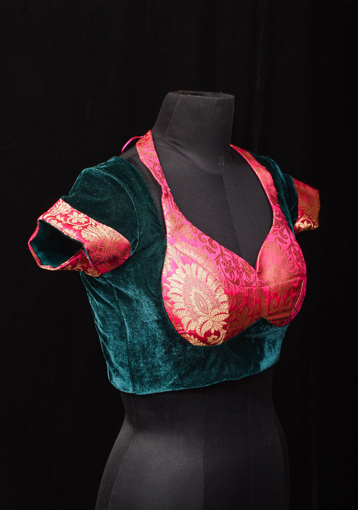 Green Pink Halter and Bustier Layered Look Blouse in Velvet and Banarasi Brocade, Customizable, Made to Order