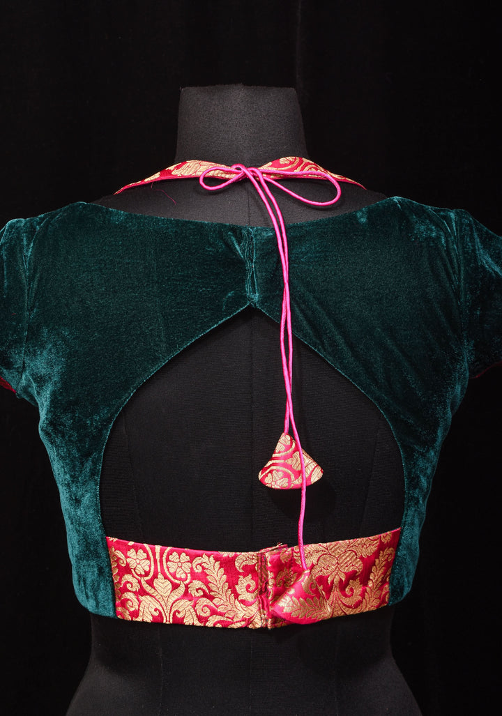 Green Pink Halter and Bustier Layered Look Blouse in Velvet and Banarasi Brocade, Customizable, Made to Order