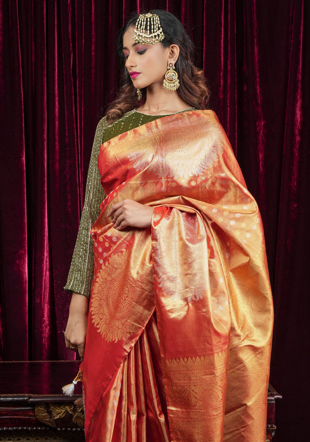 Exquisite Tissue Kanjivaram Pure Silk Saree in Red-Gold | SILK MARK CERTIFIED