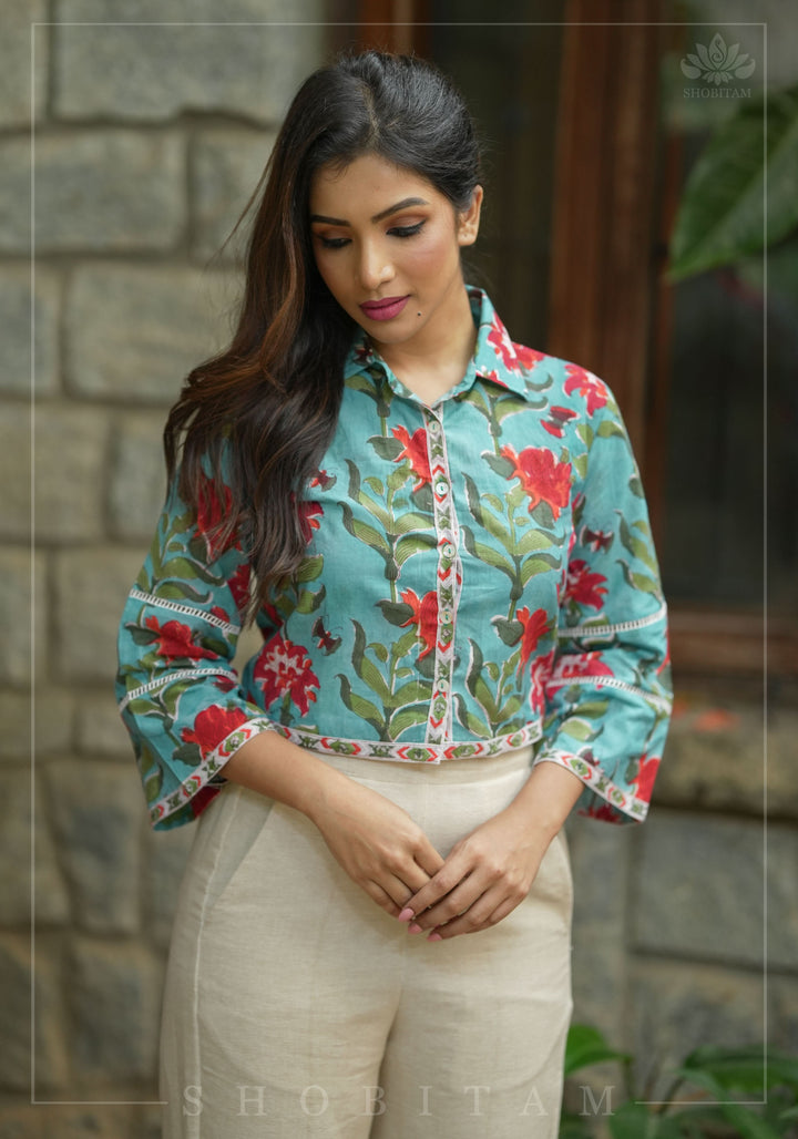 Rumi Collared Crop Top in Firozi Blue Pure Cotton