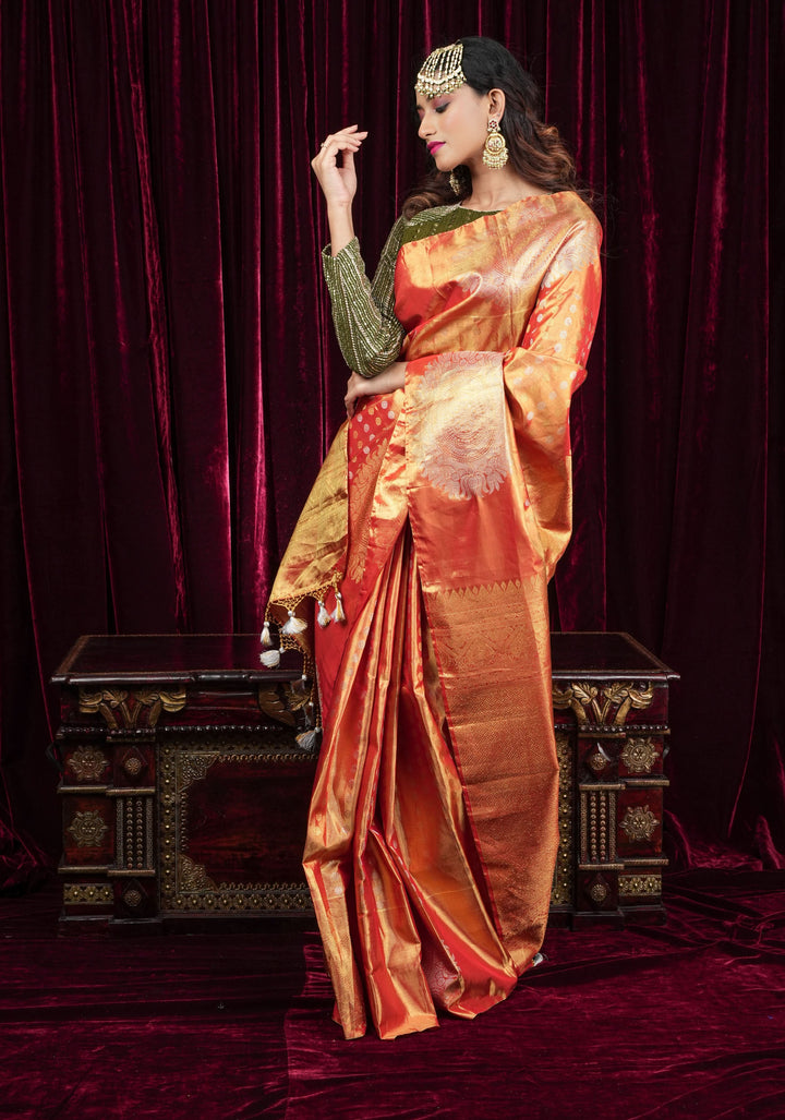 Exquisite Tissue Kanjivaram Pure Silk Saree in Red-Gold | SILK MARK CERTIFIED