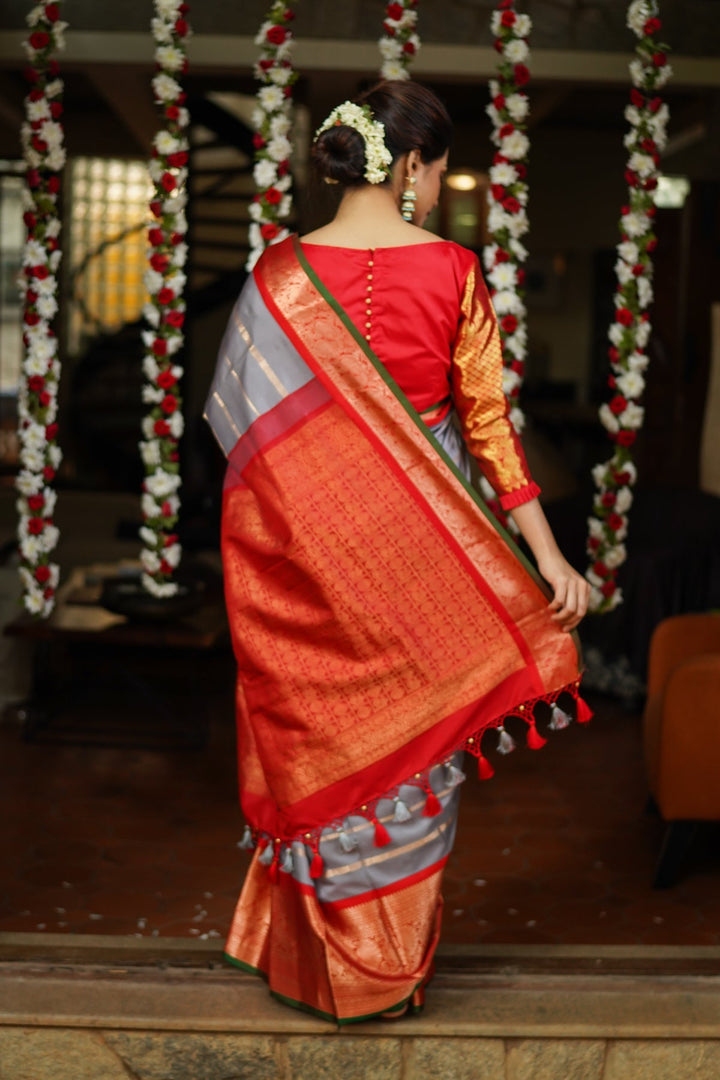 Gray Korvai Kanjivaram Pure Silk Saree with zari Stripes & wide Zari Border  | SILK MARK CERTIFIED