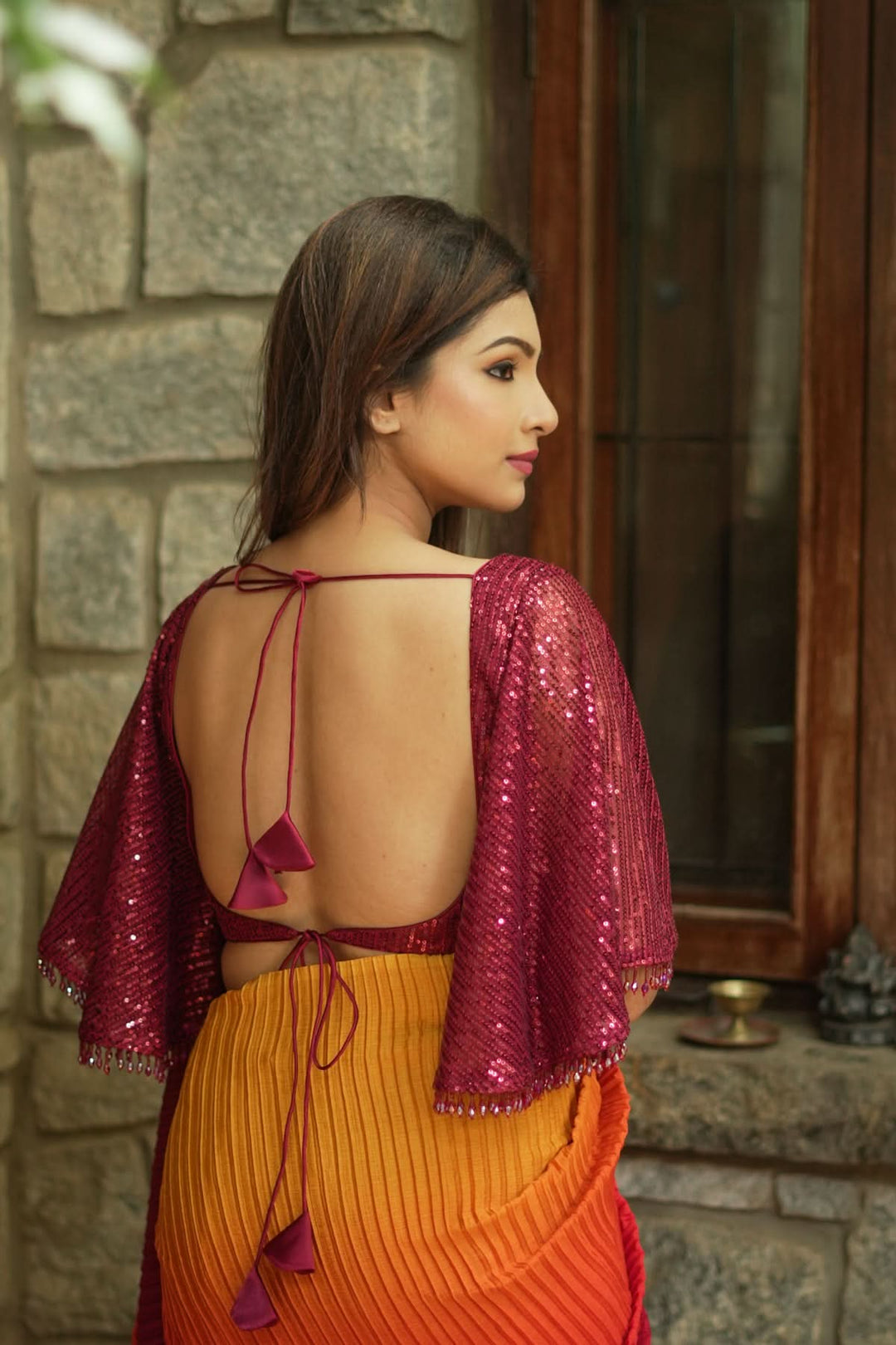 Sequin U neck blouse with Butterfly sleeves in Maroon