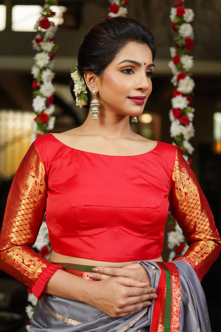 Red kanjivaram Silk Blouse with 3/4th Sleeves Mix and Match Blouse for saree, Made to Order