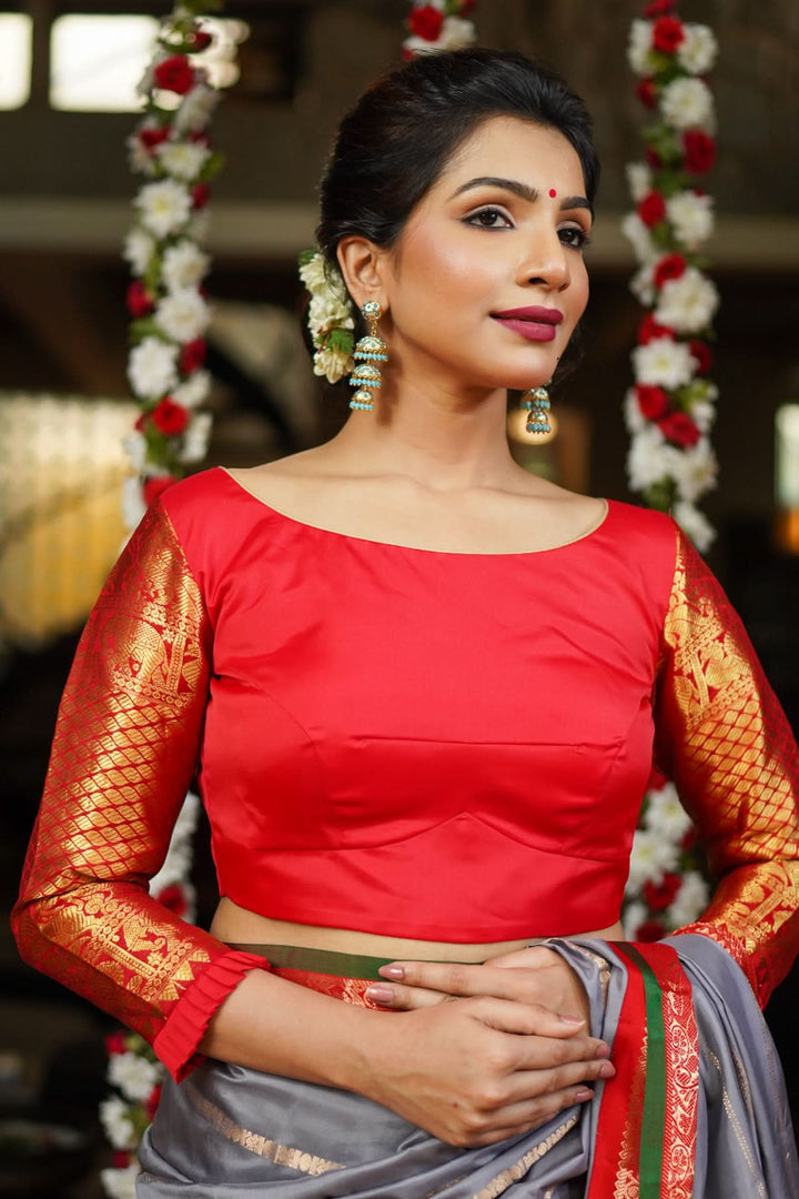Red kanjivaram Silk Blouse with 3/4th Sleeves Mix and Match Blouse for saree, Made to Order