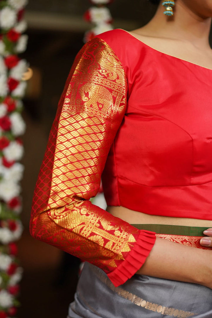 Red kanjivaram Silk Blouse with 3/4th Sleeves Mix and Match Blouse for saree, Made to Order