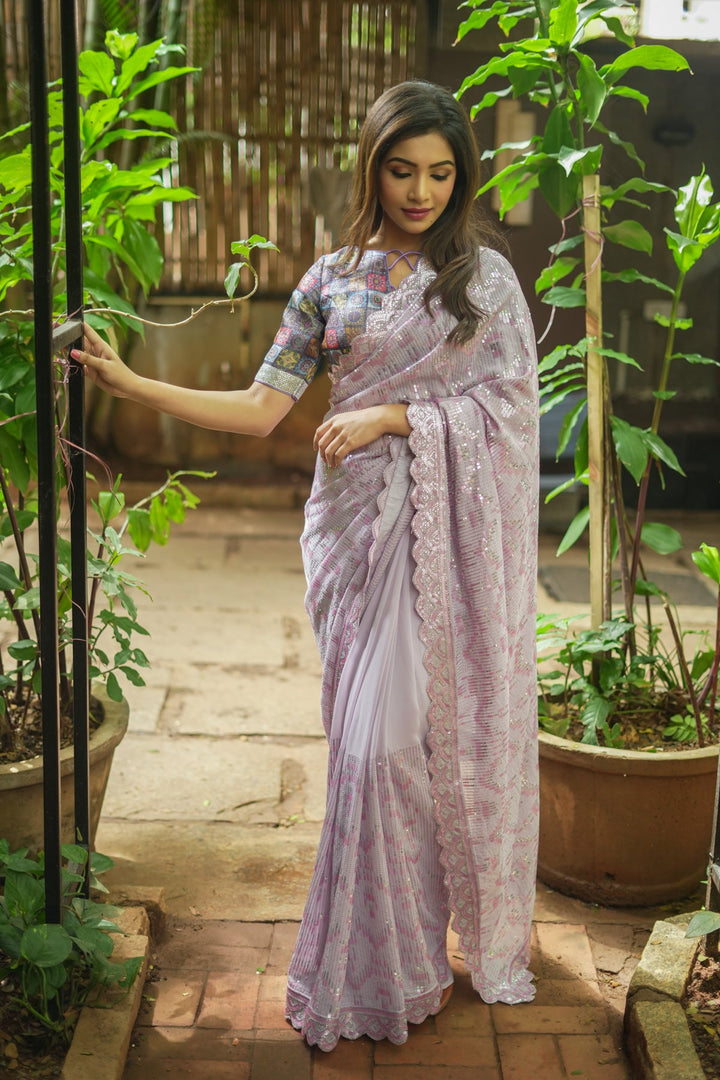 Full Sequins Embellished Georgette Saree in mauve with Scalloped border